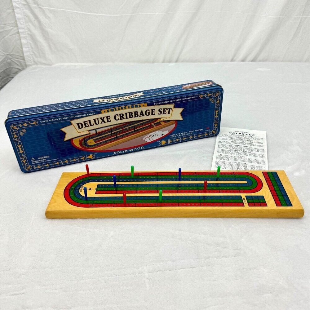 Vintage 1999 Deluxe Wooden Cribbage Set Tin Storage Case Hidden Pegs No Cards